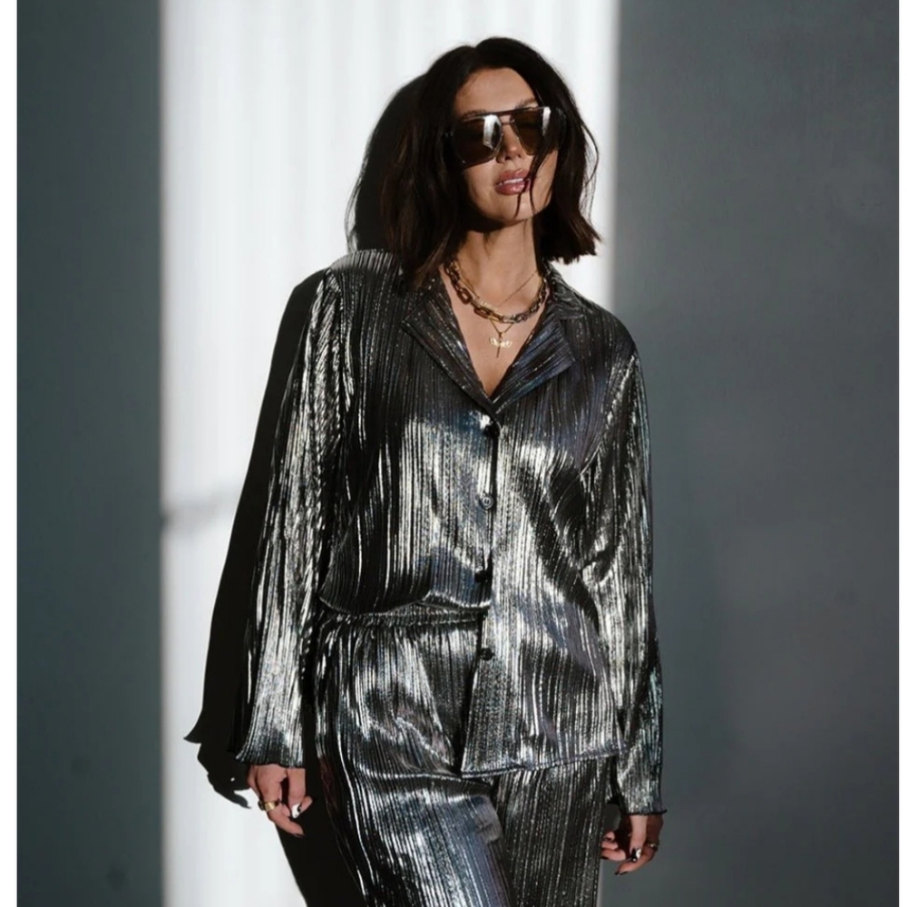 Dressed In LaLa Silver Metallic Button-Up Blouse and Pants Set